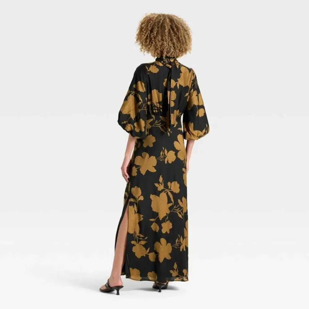 Women's Tie Neck Maxi Dress - A New Day Black/Brown Floral S
